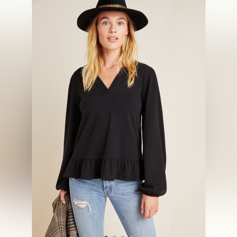 Anthropologie Maeve Annetta Ruffled Peplum Top - Black - Size Small